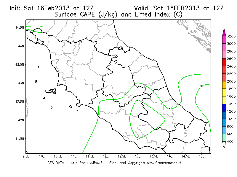 Mappa di analisi GFS - CAPE [J/kg] e Lifted Index [°C] in Centro-Italia
									del 16/02/2013 12 <!--googleoff: index-->UTC<!--googleon: index-->