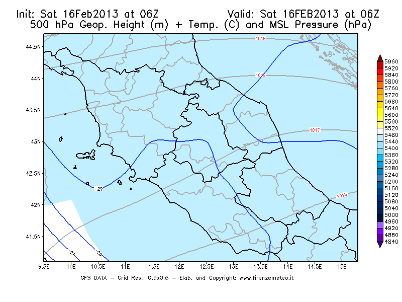 Mappa di analisi GFS - Geopotenziale [m] + Temp. [°C] a 500 hPa + Press. a livello del mare [hPa] in Centro-Italia
									del 16/02/2013 06 <!--googleoff: index-->UTC<!--googleon: index-->