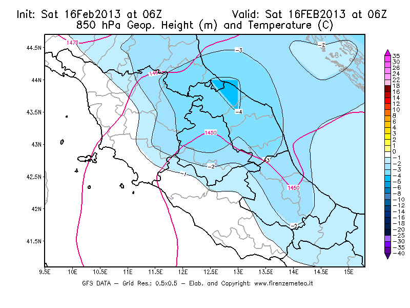 Mappa di analisi GFS - Geopotenziale [m] e Temperatura [°C] a 850 hPa in Centro-Italia
									del 16/02/2013 06 <!--googleoff: index-->UTC<!--googleon: index-->