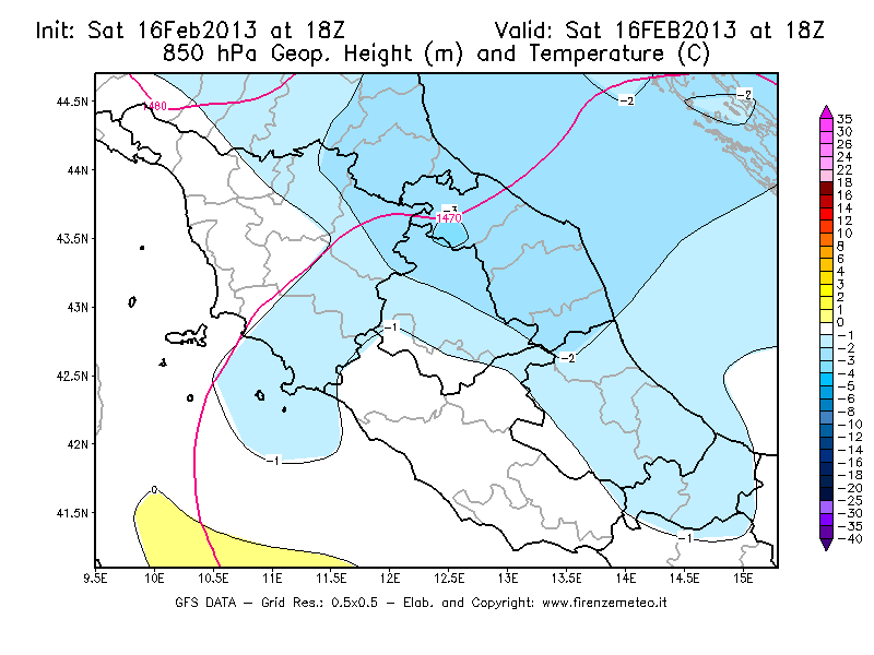Mappa di analisi GFS - Geopotenziale [m] e Temperatura [°C] a 850 hPa in Centro-Italia
									del 16/02/2013 18 <!--googleoff: index-->UTC<!--googleon: index-->