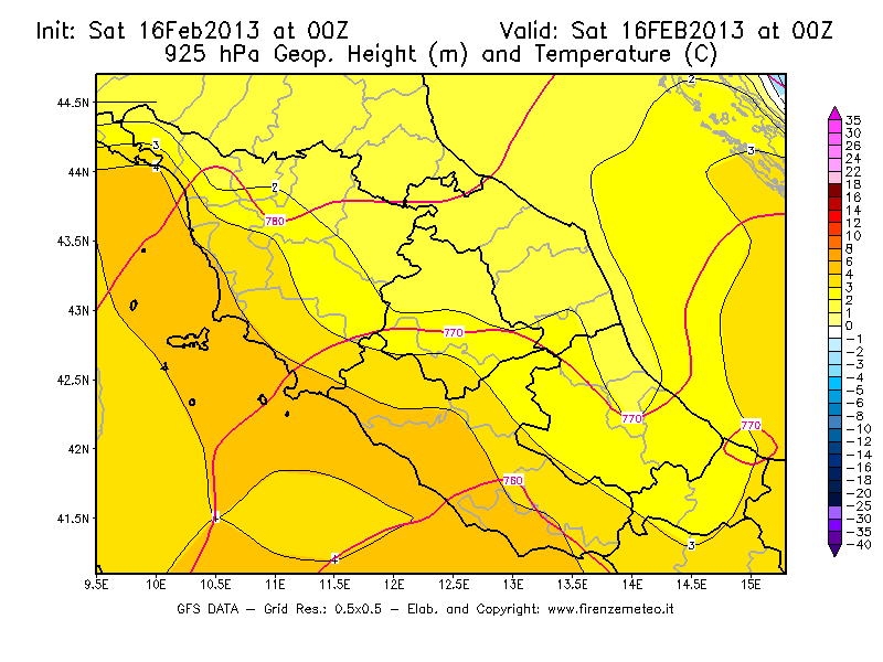 Mappa di analisi GFS - Geopotenziale [m] e Temperatura [°C] a 925 hPa in Centro-Italia
									del 16/02/2013 00 <!--googleoff: index-->UTC<!--googleon: index-->