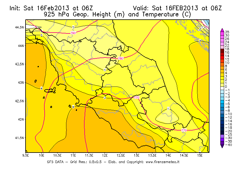 Mappa di analisi GFS - Geopotenziale [m] e Temperatura [°C] a 925 hPa in Centro-Italia
									del 16/02/2013 06 <!--googleoff: index-->UTC<!--googleon: index-->