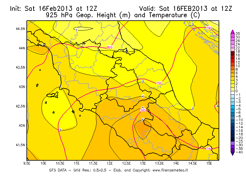 Mappa di analisi GFS - Geopotenziale [m] e Temperatura [°C] a 925 hPa in Centro-Italia
									del 16/02/2013 12 <!--googleoff: index-->UTC<!--googleon: index-->