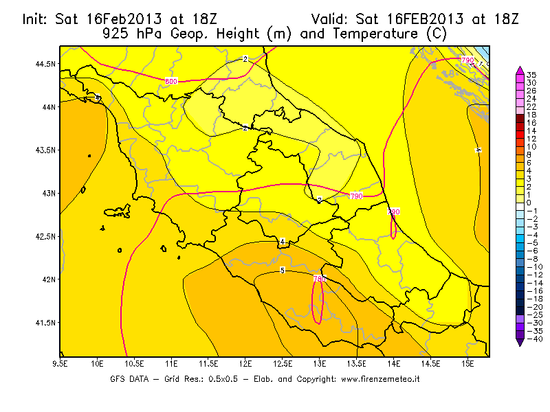 Mappa di analisi GFS - Geopotenziale [m] e Temperatura [°C] a 925 hPa in Centro-Italia
									del 16/02/2013 18 <!--googleoff: index-->UTC<!--googleon: index-->