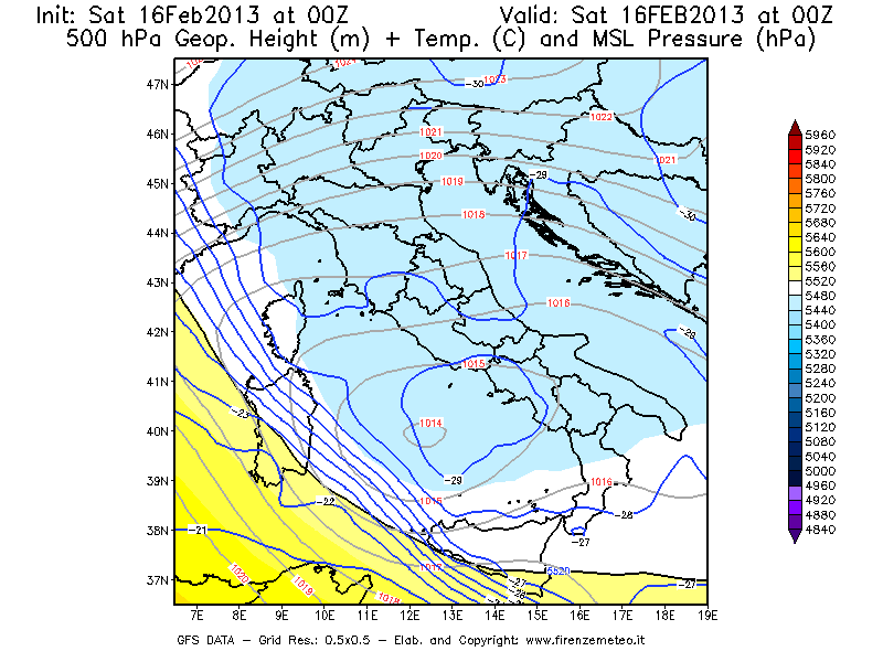 Mappa di analisi GFS - Geopotenziale [m] + Temp. [°C] a 500 hPa + Press. a livello del mare [hPa] in Italia
									del 16/02/2013 00 <!--googleoff: index-->UTC<!--googleon: index-->