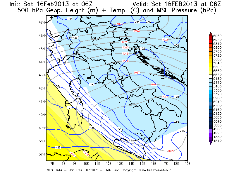 Mappa di analisi GFS - Geopotenziale [m] + Temp. [°C] a 500 hPa + Press. a livello del mare [hPa] in Italia
									del 16/02/2013 06 <!--googleoff: index-->UTC<!--googleon: index-->