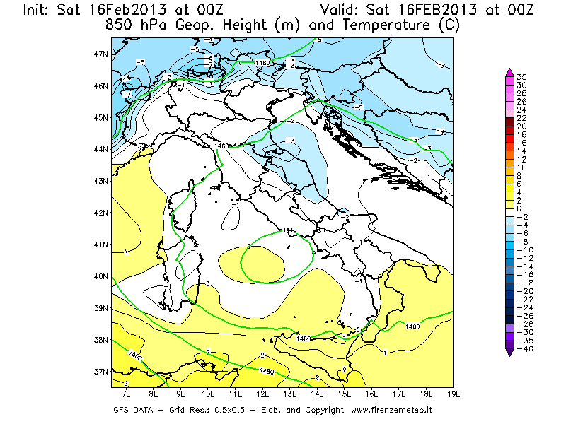 Mappa di analisi GFS - Geopotenziale [m] e Temperatura [°C] a 850 hPa in Italia
									del 16/02/2013 00 <!--googleoff: index-->UTC<!--googleon: index-->