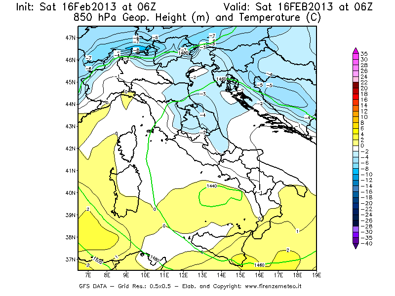 Mappa di analisi GFS - Geopotenziale [m] e Temperatura [°C] a 850 hPa in Italia
									del 16/02/2013 06 <!--googleoff: index-->UTC<!--googleon: index-->