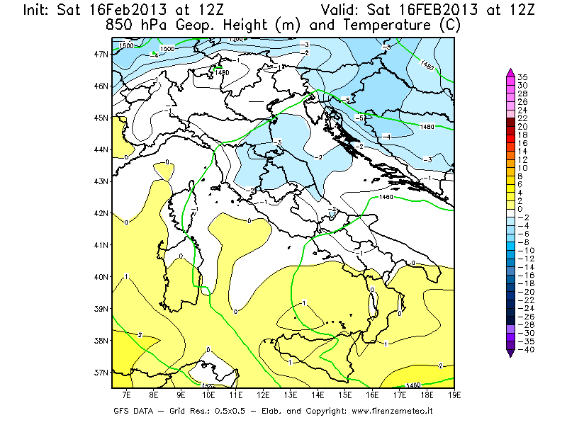 Mappa di analisi GFS - Geopotenziale [m] e Temperatura [°C] a 850 hPa in Italia
									del 16/02/2013 12 <!--googleoff: index-->UTC<!--googleon: index-->