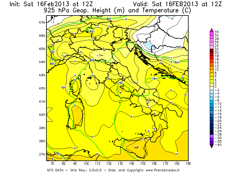 Mappa di analisi GFS - Geopotenziale [m] e Temperatura [°C] a 925 hPa in Italia
									del 16/02/2013 12 <!--googleoff: index-->UTC<!--googleon: index-->