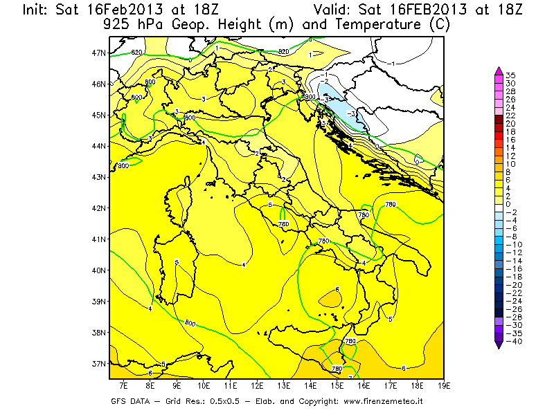 Mappa di analisi GFS - Geopotenziale [m] e Temperatura [°C] a 925 hPa in Italia
									del 16/02/2013 18 <!--googleoff: index-->UTC<!--googleon: index-->