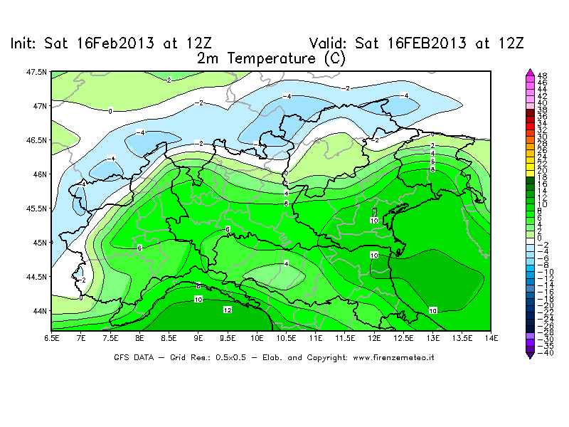 Mappa di analisi GFS - Temperatura a 2 metri dal suolo [°C] in Nord-Italia
									del 16/02/2013 12 <!--googleoff: index-->UTC<!--googleon: index-->