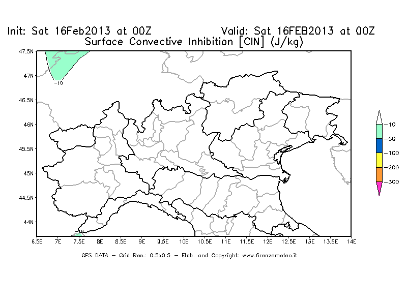 Mappa di analisi GFS - CIN [J/kg] in Nord-Italia
									del 16/02/2013 00 <!--googleoff: index-->UTC<!--googleon: index-->