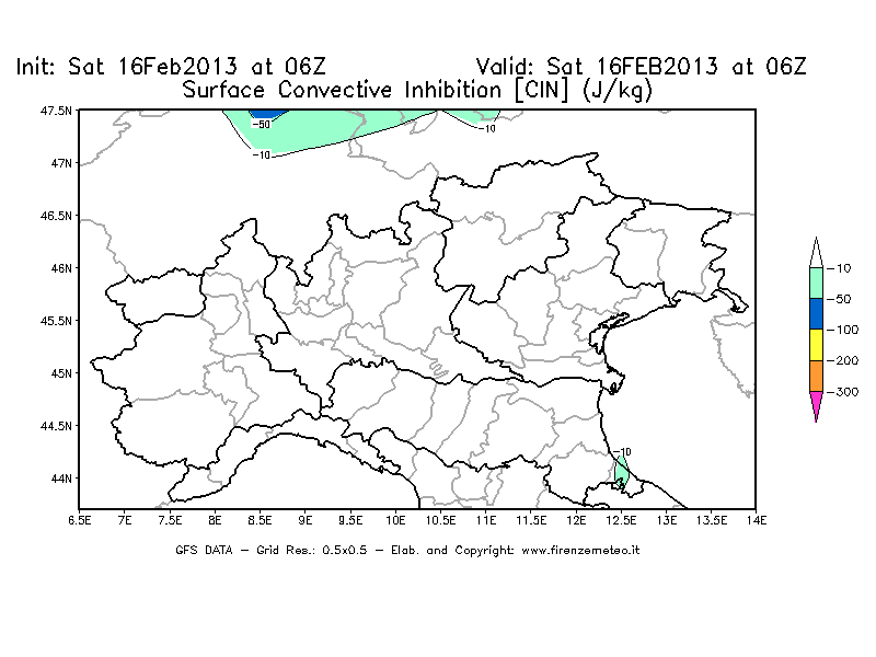 Mappa di analisi GFS - CIN [J/kg] in Nord-Italia
									del 16/02/2013 06 <!--googleoff: index-->UTC<!--googleon: index-->