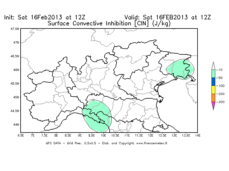 Mappa di analisi GFS - CIN [J/kg] in Nord-Italia
									del 16/02/2013 12 <!--googleoff: index-->UTC<!--googleon: index-->