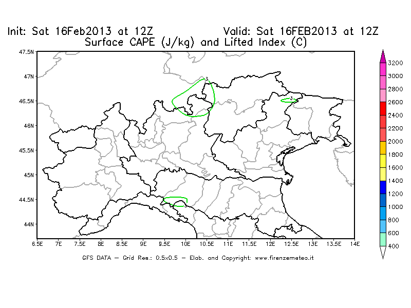 Mappa di analisi GFS - CAPE [J/kg] e Lifted Index [°C] in Nord-Italia
									del 16/02/2013 12 <!--googleoff: index-->UTC<!--googleon: index-->