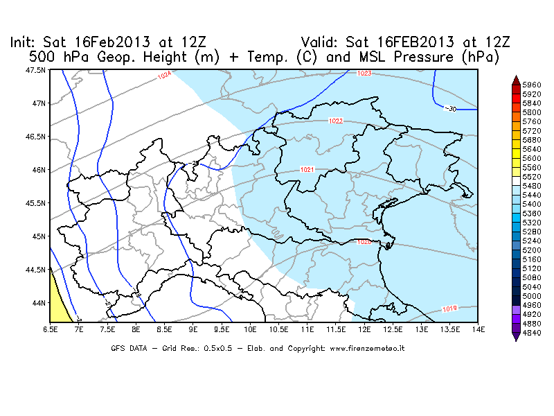 Mappa di analisi GFS - Geopotenziale [m] + Temp. [°C] a 500 hPa + Press. a livello del mare [hPa] in Nord-Italia
									del 16/02/2013 12 <!--googleoff: index-->UTC<!--googleon: index-->