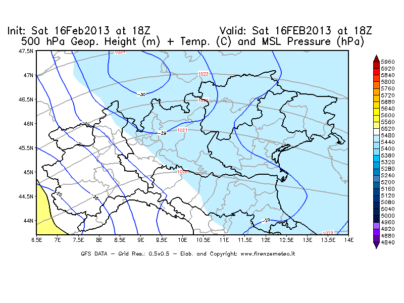 Mappa di analisi GFS - Geopotenziale [m] + Temp. [°C] a 500 hPa + Press. a livello del mare [hPa] in Nord-Italia
									del 16/02/2013 18 <!--googleoff: index-->UTC<!--googleon: index-->