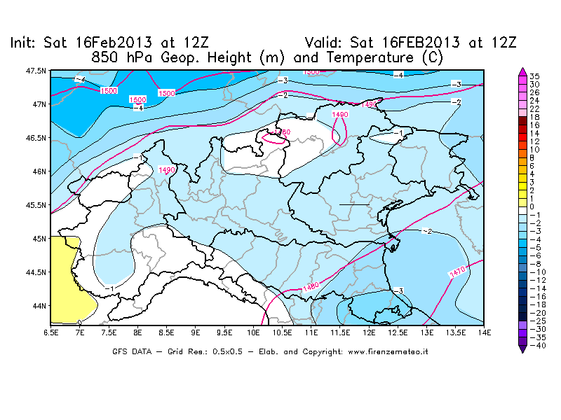Mappa di analisi GFS - Geopotenziale [m] e Temperatura [°C] a 850 hPa in Nord-Italia
									del 16/02/2013 12 <!--googleoff: index-->UTC<!--googleon: index-->