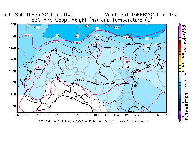 Mappa di analisi GFS - Geopotenziale [m] e Temperatura [°C] a 850 hPa in Nord-Italia
									del 16/02/2013 18 <!--googleoff: index-->UTC<!--googleon: index-->