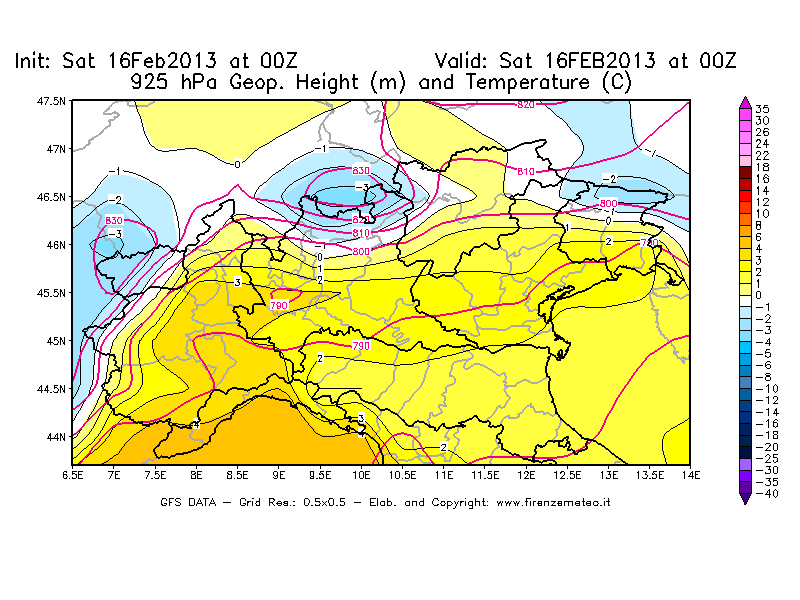 Mappa di analisi GFS - Geopotenziale [m] e Temperatura [°C] a 925 hPa in Nord-Italia
									del 16/02/2013 00 <!--googleoff: index-->UTC<!--googleon: index-->
