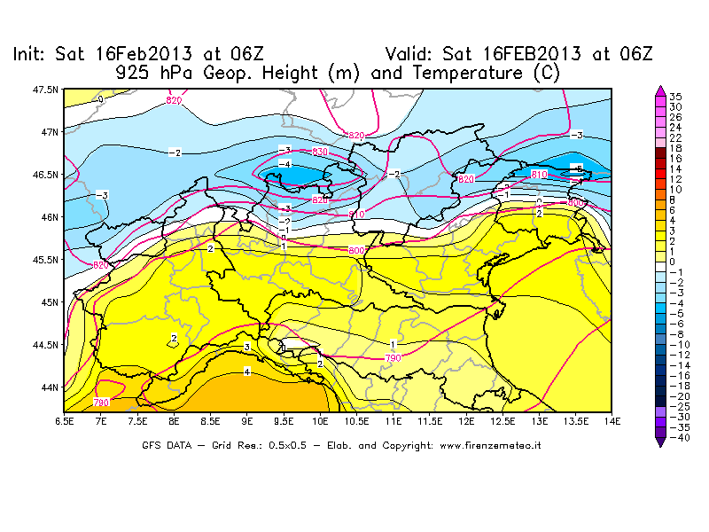 Mappa di analisi GFS - Geopotenziale [m] e Temperatura [°C] a 925 hPa in Nord-Italia
									del 16/02/2013 06 <!--googleoff: index-->UTC<!--googleon: index-->
