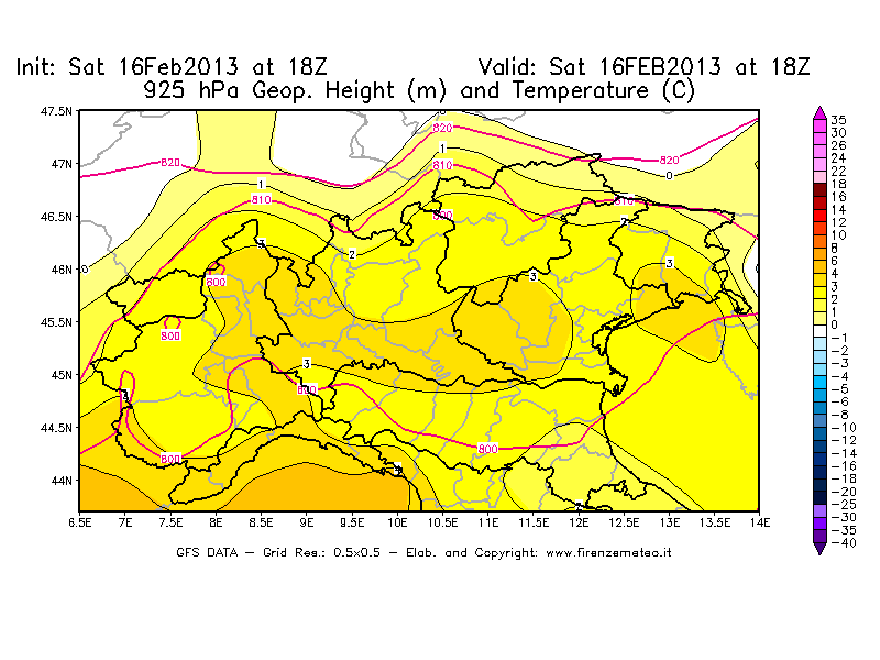 Mappa di analisi GFS - Geopotenziale [m] e Temperatura [°C] a 925 hPa in Nord-Italia
									del 16/02/2013 18 <!--googleoff: index-->UTC<!--googleon: index-->