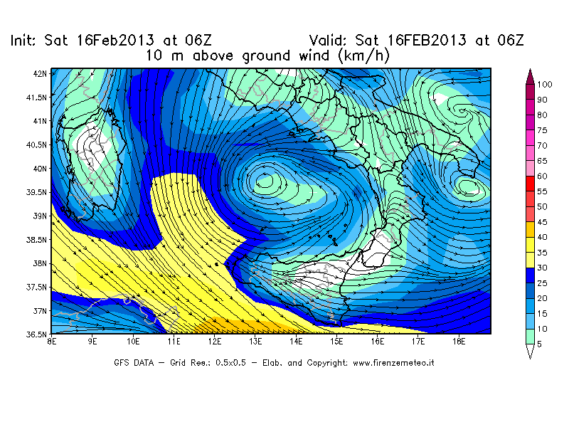 Mappa di analisi GFS - Velocità del vento a 10 metri dal suolo [km/h] in Sud-Italia
									del 16/02/2013 06 <!--googleoff: index-->UTC<!--googleon: index-->