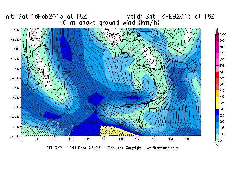 Mappa di analisi GFS - Velocità del vento a 10 metri dal suolo [km/h] in Sud-Italia
									del 16/02/2013 18 <!--googleoff: index-->UTC<!--googleon: index-->