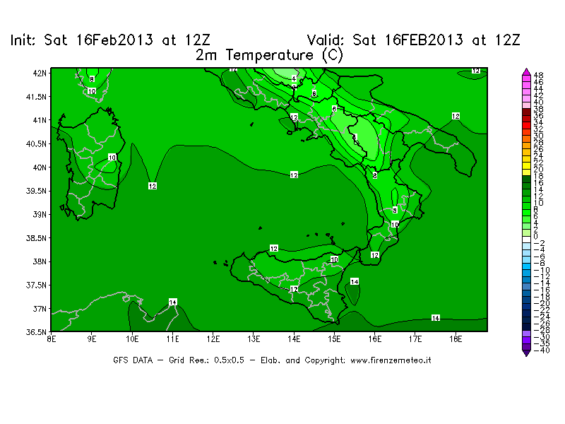 Mappa di analisi GFS - Temperatura a 2 metri dal suolo [°C] in Sud-Italia
									del 16/02/2013 12 <!--googleoff: index-->UTC<!--googleon: index-->