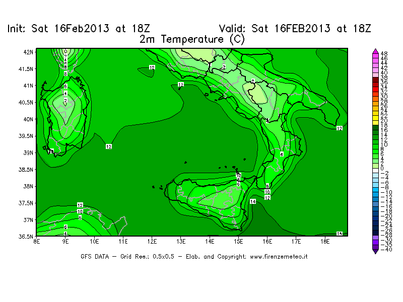 Mappa di analisi GFS - Temperatura a 2 metri dal suolo [°C] in Sud-Italia
									del 16/02/2013 18 <!--googleoff: index-->UTC<!--googleon: index-->