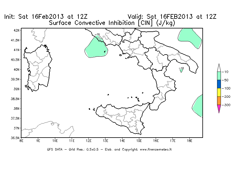 Mappa di analisi GFS - CIN [J/kg] in Sud-Italia
									del 16/02/2013 12 <!--googleoff: index-->UTC<!--googleon: index-->