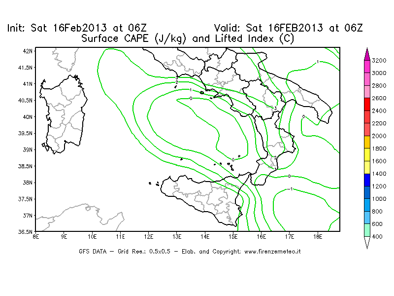 Mappa di analisi GFS - CAPE [J/kg] e Lifted Index [°C] in Sud-Italia
									del 16/02/2013 06 <!--googleoff: index-->UTC<!--googleon: index-->