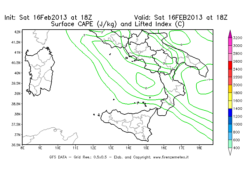 Mappa di analisi GFS - CAPE [J/kg] e Lifted Index [°C] in Sud-Italia
									del 16/02/2013 18 <!--googleoff: index-->UTC<!--googleon: index-->