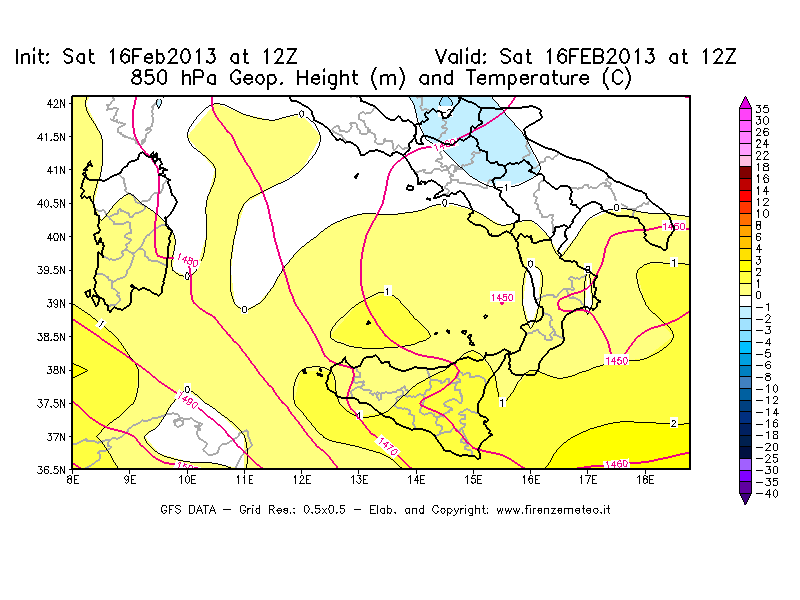 Mappa di analisi GFS - Geopotenziale [m] e Temperatura [°C] a 850 hPa in Sud-Italia
									del 16/02/2013 12 <!--googleoff: index-->UTC<!--googleon: index-->