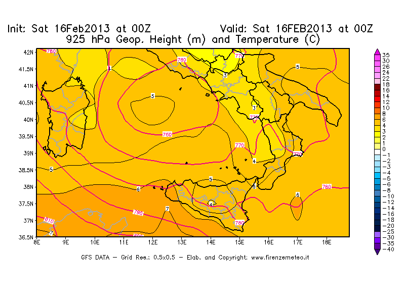Mappa di analisi GFS - Geopotenziale [m] e Temperatura [°C] a 925 hPa in Sud-Italia
									del 16/02/2013 00 <!--googleoff: index-->UTC<!--googleon: index-->