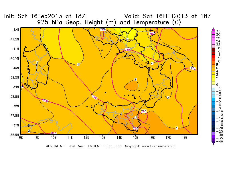 Mappa di analisi GFS - Geopotenziale [m] e Temperatura [°C] a 925 hPa in Sud-Italia
									del 16/02/2013 18 <!--googleoff: index-->UTC<!--googleon: index-->