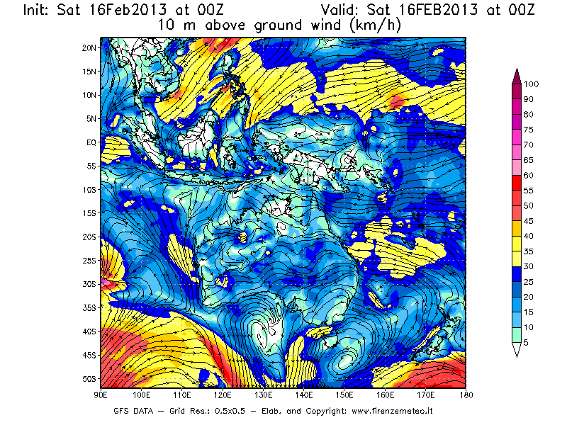 Mappa di analisi GFS - Velocità del vento a 10 metri dal suolo [km/h] in Oceania
									del 16/02/2013 00 <!--googleoff: index-->UTC<!--googleon: index-->