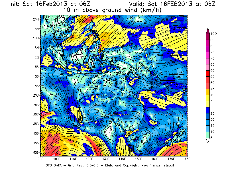 Mappa di analisi GFS - Velocità del vento a 10 metri dal suolo [km/h] in Oceania
									del 16/02/2013 06 <!--googleoff: index-->UTC<!--googleon: index-->