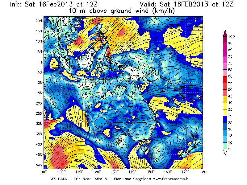 Mappa di analisi GFS - Velocità del vento a 10 metri dal suolo [km/h] in Oceania
									del 16/02/2013 12 <!--googleoff: index-->UTC<!--googleon: index-->