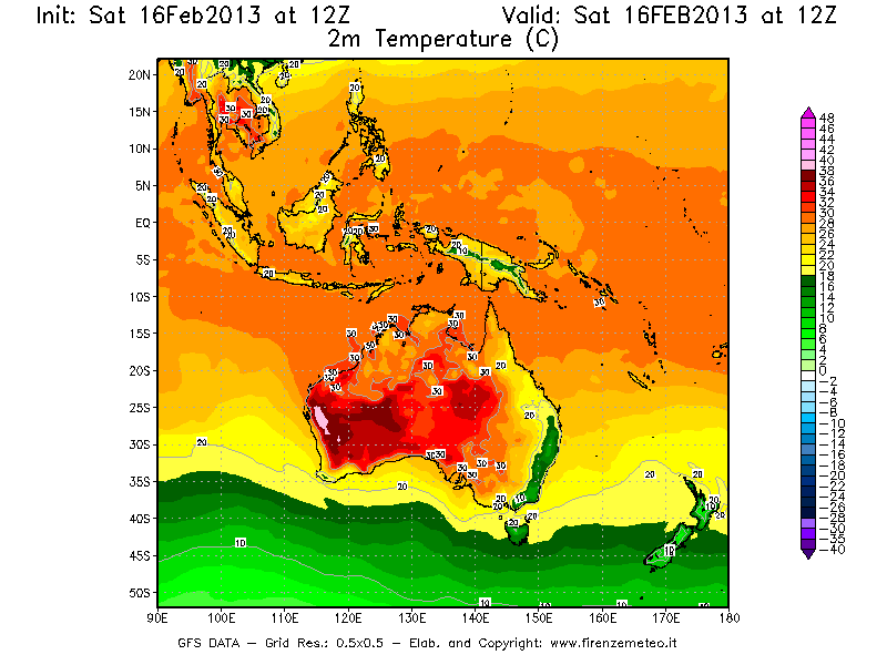 Mappa di analisi GFS - Temperatura a 2 metri dal suolo [°C] in Oceania
									del 16/02/2013 12 <!--googleoff: index-->UTC<!--googleon: index-->