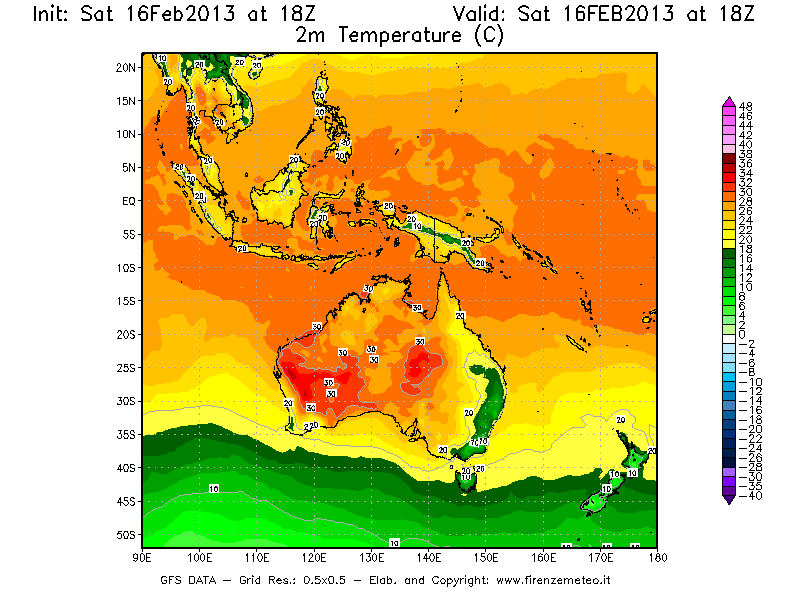 Mappa di analisi GFS - Temperatura a 2 metri dal suolo [°C] in Oceania
									del 16/02/2013 18 <!--googleoff: index-->UTC<!--googleon: index-->