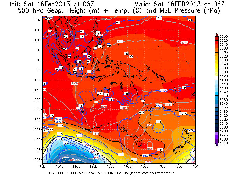 Mappa di analisi GFS - Geopotenziale [m] + Temp. [°C] a 500 hPa + Press. a livello del mare [hPa] in Oceania
									del 16/02/2013 06 <!--googleoff: index-->UTC<!--googleon: index-->