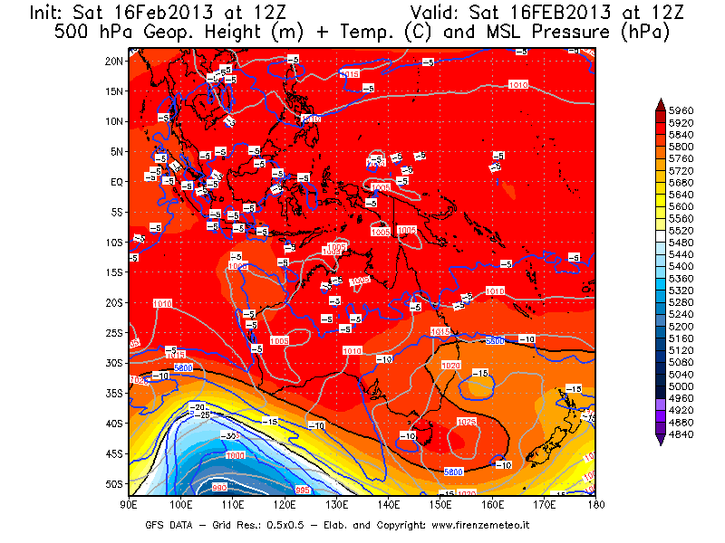 Mappa di analisi GFS - Geopotenziale [m] + Temp. [°C] a 500 hPa + Press. a livello del mare [hPa] in Oceania
									del 16/02/2013 12 <!--googleoff: index-->UTC<!--googleon: index-->