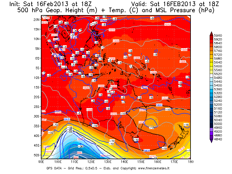 Mappa di analisi GFS - Geopotenziale [m] + Temp. [°C] a 500 hPa + Press. a livello del mare [hPa] in Oceania
									del 16/02/2013 18 <!--googleoff: index-->UTC<!--googleon: index-->