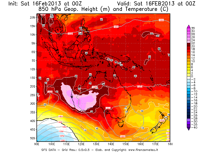 Mappa di analisi GFS - Geopotenziale [m] e Temperatura [°C] a 850 hPa in Oceania
									del 16/02/2013 00 <!--googleoff: index-->UTC<!--googleon: index-->