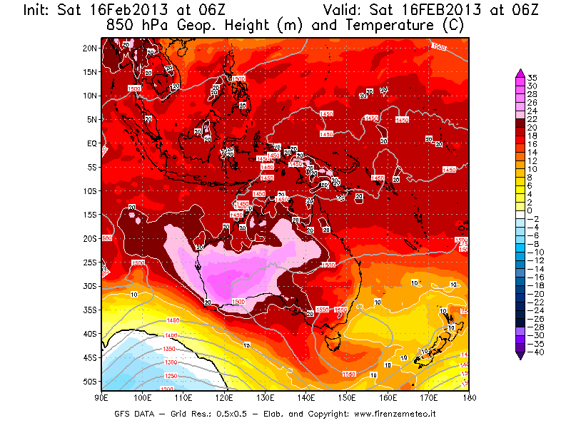 Mappa di analisi GFS - Geopotenziale [m] e Temperatura [°C] a 850 hPa in Oceania
									del 16/02/2013 06 <!--googleoff: index-->UTC<!--googleon: index-->