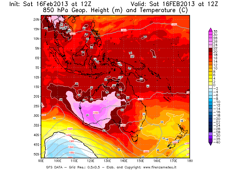 Mappa di analisi GFS - Geopotenziale [m] e Temperatura [°C] a 850 hPa in Oceania
									del 16/02/2013 12 <!--googleoff: index-->UTC<!--googleon: index-->
