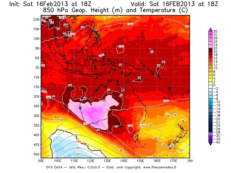 Mappa di analisi GFS - Geopotenziale [m] e Temperatura [°C] a 850 hPa in Oceania
									del 16/02/2013 18 <!--googleoff: index-->UTC<!--googleon: index-->