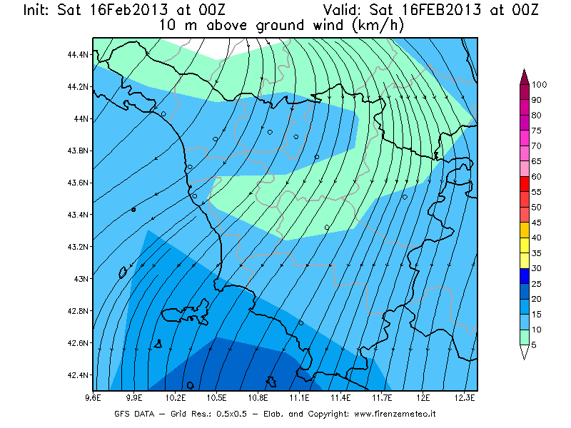Mappa di analisi GFS - Velocità del vento a 10 metri dal suolo [km/h] in Toscana
									del 16/02/2013 00 <!--googleoff: index-->UTC<!--googleon: index-->